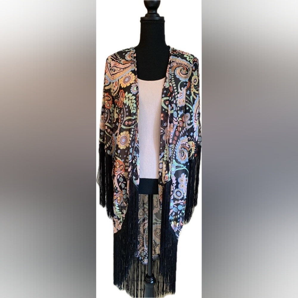 Miroh NWT Black Floral Fringe Kimono Size Large